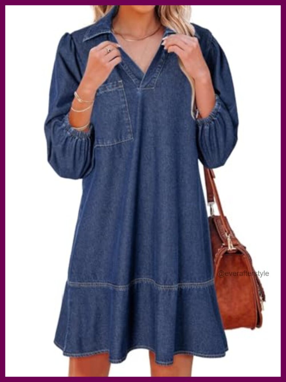 Denim Dress 3/4 Puff Sleeve Babydoll V-Neck Fit & Flare Mini